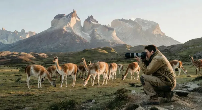 Photographer capturing guanacos and the Paine Massif granite peaks on a small-group photo safari in Torres del Paine National Park, Patagonia